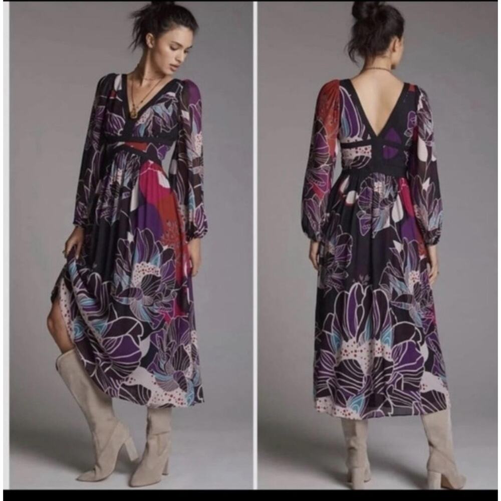 Anthropology Let Me Be Dress Black Floral Chiffon Maxi Boho V Neck Long Sleeve M